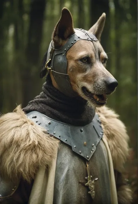 arafed dog wearing a medieval armor with a helmet and a star