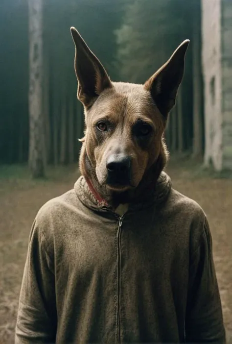 arafed dog wearing a hoodie in a forest