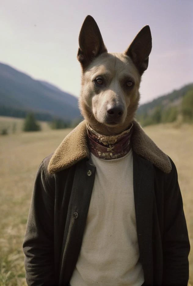 arafed dog wearing a scarf and jacket standing in a field