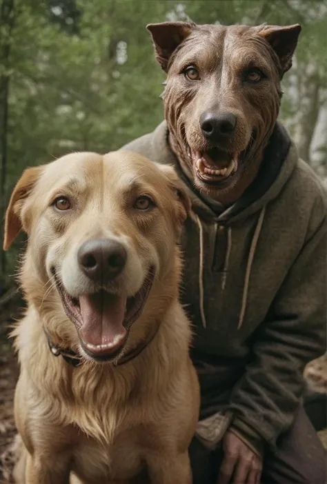 there is a man and a dog that are sitting together