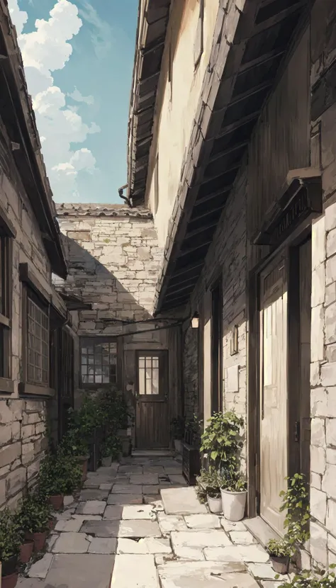 there is a painting of a narrow alley with a stone building