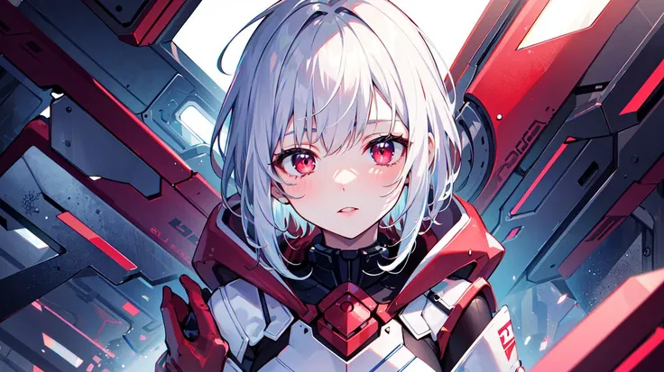 (masterpiece:1.5), (isometric:1.0), double exposure, cyberpunk, 1girl, short white hair, pastel RED eyes, 24 years old, pastel red armor, glossy lips