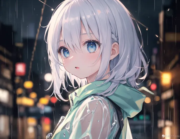 anime girl with white hair and blue eyes standing in the rain