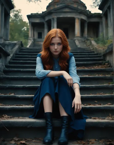 1917 ordinary 18 year old redhead girl sitting on stairs of an abandoned villa of georgian age. blood on hands, surrounded by large dark trees. ominous mood, as if a murder were about to happen. ((spooky person in the background)),
highly detailed, high bu...