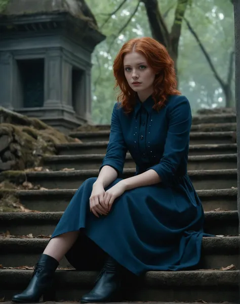 a woman sitting on a set of stairs in a blue dress