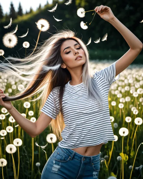 a woman with long hair standing in a field of dandelions