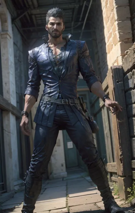 a man in a leather outfit standing in a alley