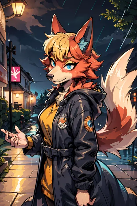 <lora:audie-v1-768:1> audie, sunglasses, wolf girl, orange body/fur, wolf ears, blonde hair, short hair, yellow eyeshadow, ((snout)), wolf tail, ((furry)), rain coat, outdoors, night, raining,