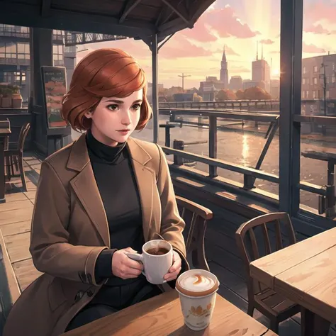 (best quality, ultra detailed), (detailed background:1.2), (perfect face, detailed face), (light rays, mature female:1.4), janecourt, 1girl, orange hair,(solo), brown eyes, medium breasts, (brown overcoat, black turtleneck sweater:1.2), black pants, sittin...