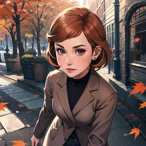 (best quality, ultra detailed), (detailed background:1.2), (perfect face, detailed face), (light rays, mature female:1.4), janecourt, 1girl, orange hair, solo, brown eyes, medium breasts, brown overcoat, brown coat, black sweater, black pants, walking, out...