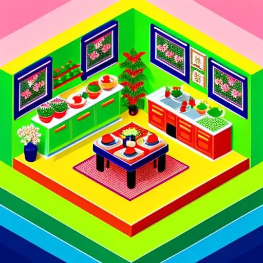 (chibisjstyle:1.1) isometric view of a miniature dining room full of flowers and plants