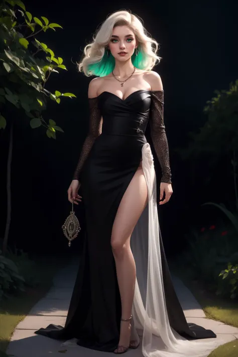 lady gaga in a black dress with a green hair and a white dress