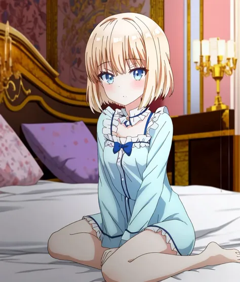 anime image of a woman sitting on a bed with a blue shirt