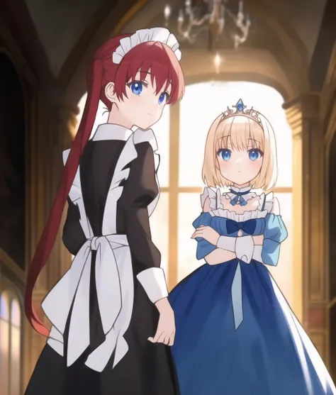 two anime girls in dresses standing in a room