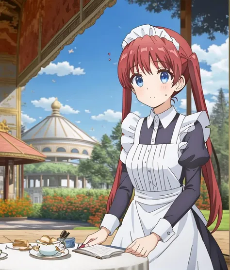 anime girl in maid outfit serving food at a table