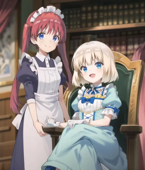 two anime girls in maid outfits sitting on a chair