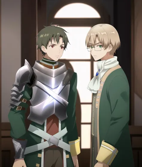 two anime characters in armor standing next to each other