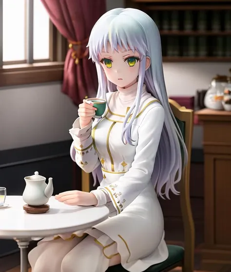 a close up of a person sitting at a table with a cup of tea