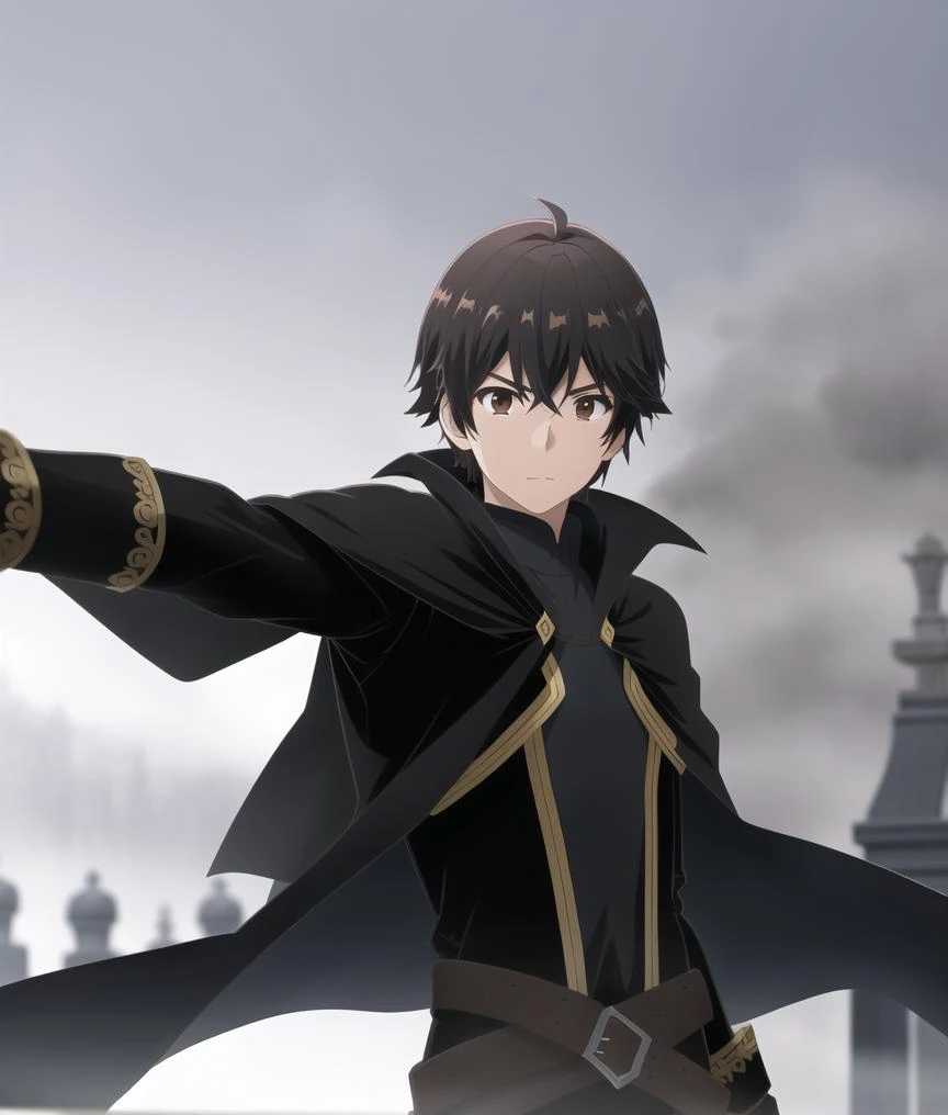 a man in a black coat holding a sword in front of a city