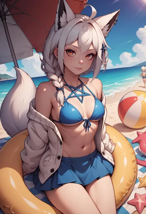 score_9, score_8_up, score_7_up, score_6_up, score_5_up, score_4_up, rating_explicit,  BREAK,  <lora:fubukiXL-10:0.75>fubukibeach, blue bikini, bikini skirt, frills, white cardigan, open clothes, off shoulder, white hair, single side braid, ahoge, piercing...