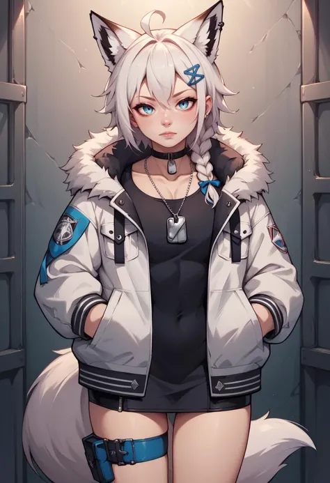 score_9, score_8_up, score_7_up, score_6_up, score_5_up, score_4_up, rating_explicit,  BREAK,  <lora:fubukiXL-10:0.75> fubukitechwear, white jacket, fur-trimmed jacket, hairclip, dog tags, choker, white microdress, black microdress, thigh strap, blue ribbo...