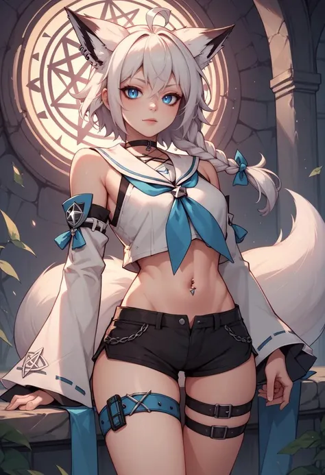 score_9, score_8_up, score_7_up, score_6_up, score_5_up, score_4_up, rating_explicit,  BREAK,  <lora:fubukiXL-10:0.95> fubukibase, white blouse, detached sleeves, black shorts, blue neckerchief, thigh strap, single thighhigh, white hair, single side braid,...