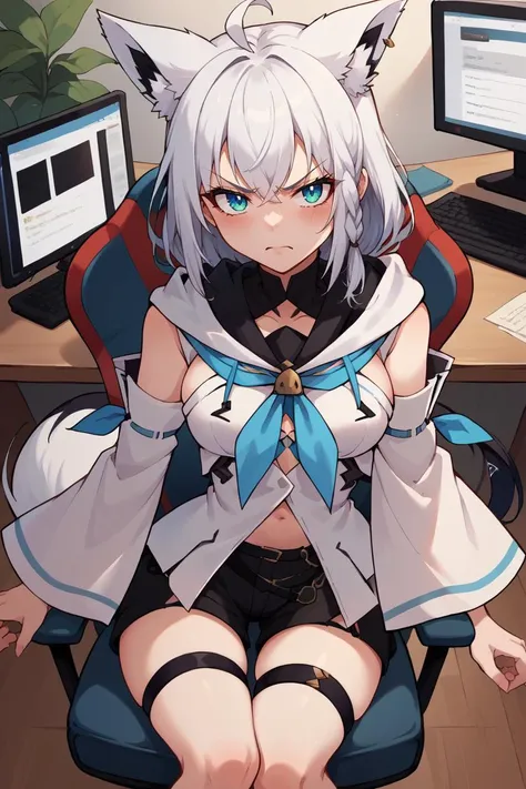 score_9, score_8_up, source_anime, 1girl, solo BREAK   <lora:shirakami_fubuki_sdxl_pony-2:1> fubukibase, white blouse, detached sleeves, black shorts, blue neckerchief, thigh strap, single thighhigh, white hair, single side braid, ahoge, piercing, fox tail...