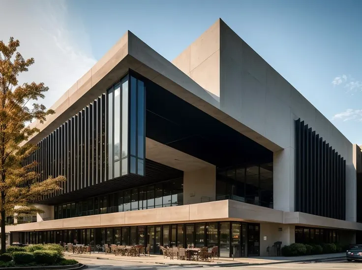 a large building with a lot of windows and a lot of trees