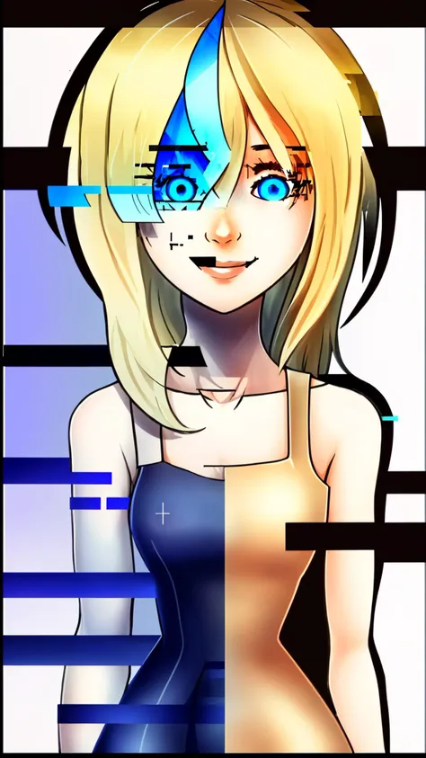 a drawing of a woman with a blue eye and a black dress