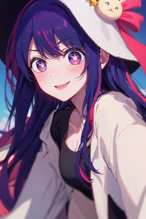 llustration, (masterpiece), (best quality), (ultra_detailed), finely detail, detailed background, (Depth of field), Hoshino Ai, long hair, solo, (purple hair:1.2), streaked hair, blush, purple eyes, star-shaped pupils, hair ornament, star (symbol), symbol-...