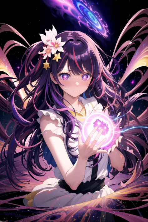 (masterpiece, best quality, highres), anime art style, pixiv, 1girl, solo,
supernova, abstract, abstract background, (bloom, swirling lights, light particles),
fire, galaxy, floating, romanticized, blush, looking at viewer,
Hoshino Ai, long hair, purple ha...