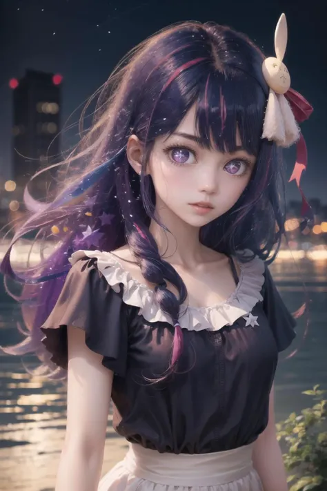 upper body portrait,spread hair,outdoors,Hoshino Ai, long hair, purple hair, streaked hair,standing,night,purple eyes, star-shaped pupils, hair ornament,intricate details,(8k),(high quality:1.2),(masterpiece:1.2),(ultra-detailed:1.2),(sharp focus)