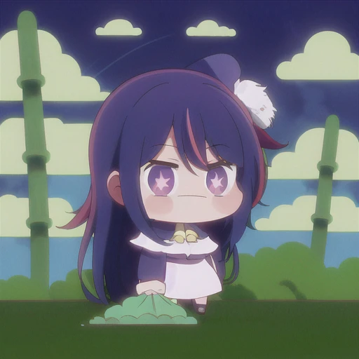 anime girl with long hair and purple eyes standing in a field