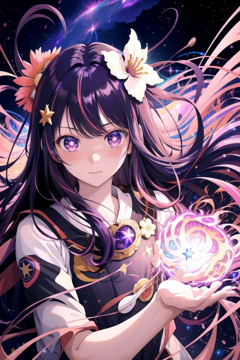 (masterpiece, best quality, highres), anime art style, pixiv, 1girl, solo,
supernova, abstract, abstract background, (bloom, swirling lights, light particles),
fire, galaxy, floating, romanticized, blush, looking at viewer,
Hoshino Ai, long hair, purple ha...