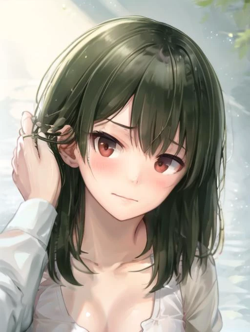 <lora:Povhair:0.7> Povhair, 1girl, looking at viewer, blush, short hair, bangs, red eyes, brown eyes, closed mouth, collarbone, upper body, green hair, solo focus, pov, out of frame, pov hands