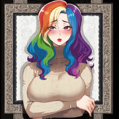 1girl, rainbow hair, multicolored hair, multicolored eyes, turtleneck sweater, lace background, large breasts, lipstick, blush, <lora:NyantchaV2:1>, breast hold,