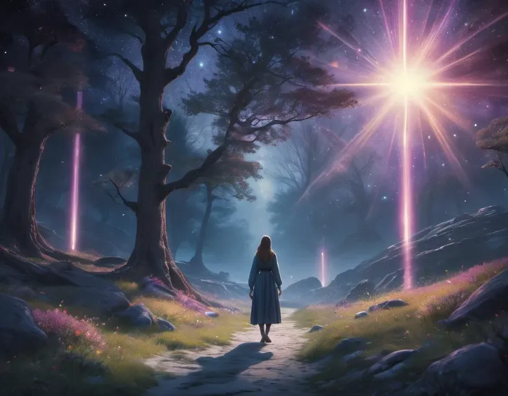 a woman standing in the middle of a forest looking at the stars