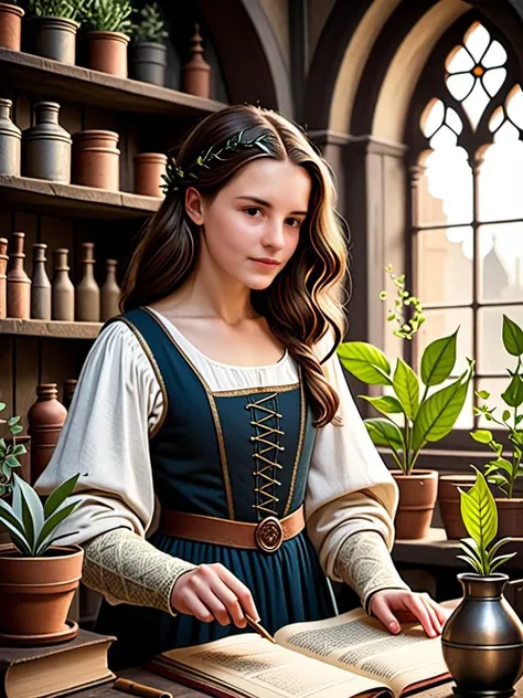 15yo female alchemists apprentice, medieval fantasy setting, long bob brunette, sorting magical plants