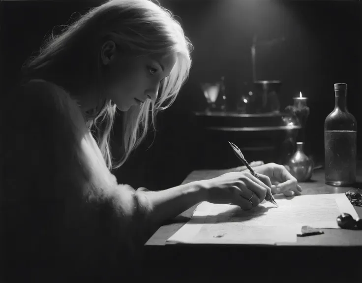 a woman writing on a piece of paper with a pen