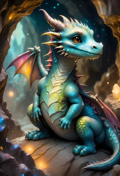 a close up of a dragon sitting on a rock in a cave