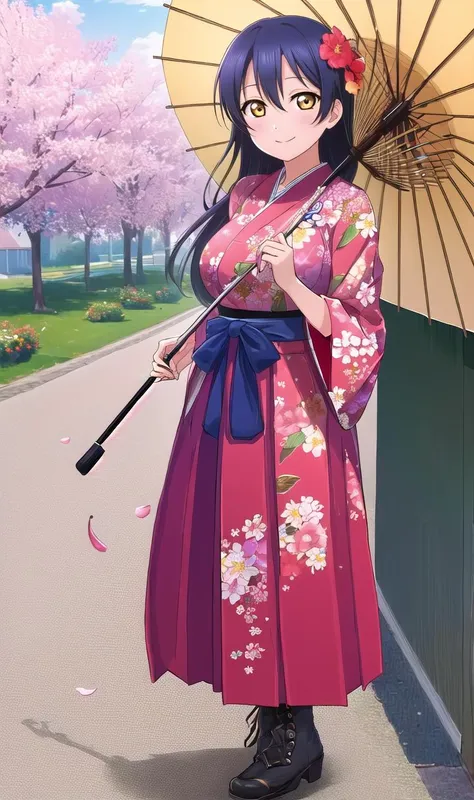 anime girl in kimono outfit holding umbrella and standing on sidewalk