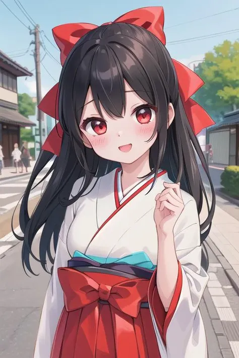 masterpiece,ultra detail,best quality,1girl,blush,happy,outdoor,black longhair,japan retro street,Taishos romantic, red bow<lora:Taishos romantic:0.8>