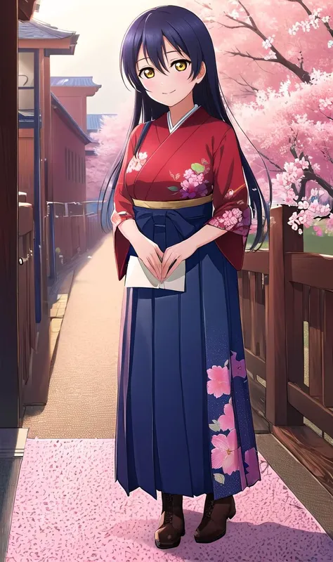 anime girl in kimono outfit standing in front of a cherry tree