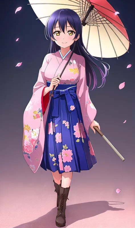 anime girl in kimono outfit holding umbrella and walking under falling petals