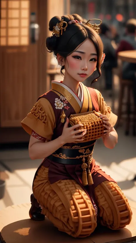 WaffleStyle geisha, <lora:WaffleStyle:0.9>, golden hour lighting, DOF