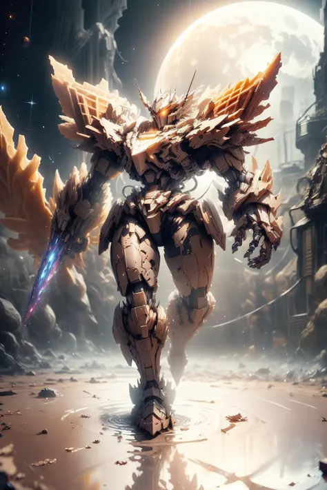 (8k,best quality, masterpiece:1.2),physically-based rendering,tyndall effect,surface reflection,metallic luster,looking at viewer,Tilt Shot,
<lora:WaffleStyle:1>,WaffleStyle,(Mecha:1.1),full body,solo,glowing,armor,large wings,planet,space,moon,
<lora:Stea...