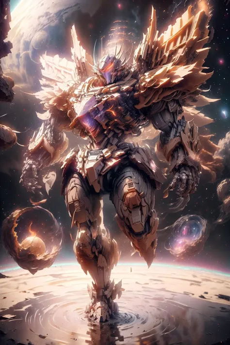 (8k,best quality, masterpiece:1.2),physically-based rendering,tyndall effect,surface reflection,metallic luster,looking at viewer,Wide shot,
(Mecha:1.1),full body,solo,glowing,armor,large wings,planet,fire,Universe,scientific discoveries,pastel colors,scif...