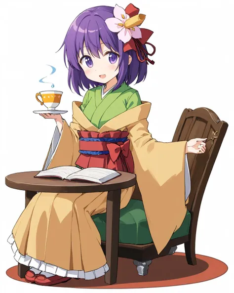 hieda no akyuu,1girl, solo, one_eye_closed, hair_flower, book, chair, sitting, open_mouth, smile, obi, kimono, skirt, white_background, teacup, shoes, wide_sleeves, simple_background, long_sleeves, ;d, full_body, table, holding_cup
<lora:hieda_no_akyuu_ima...