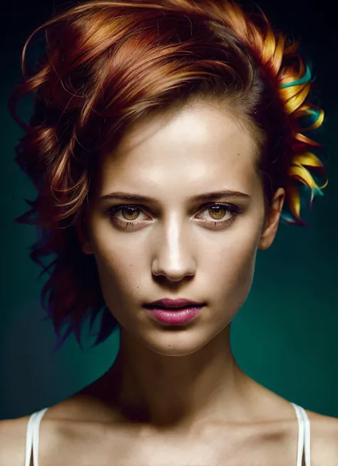 portrait of sks woman by Flora Borsi, style by Flora Borsi, bold, bright colours, rainbow Mohawk haircut, ((Flora Borsi)), <lora:locon_aliciavikander_v1_from_v1_64_32:1.25>