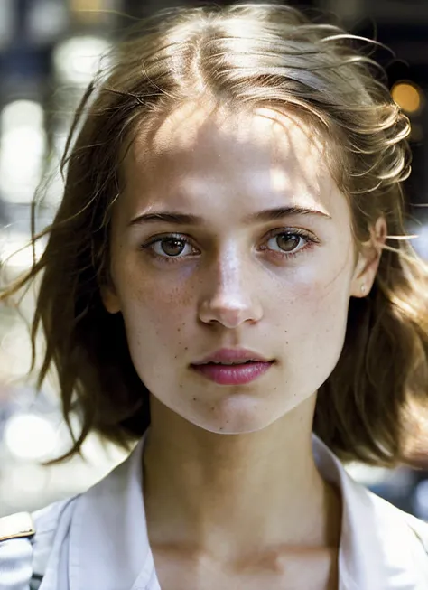 photo of sks woman, pale skin, working class in new york city, upper body, detailed skin, 20 megapixel, canon eos r3, detailed skin, detailed, detailed face, <lora:locon_aliciavikander_v1_from_v1_64_32:1.25>